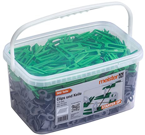 Meister Nivelliersystem Starter für Fliesen 900-teilig - 1,5 mm Laschenstärke - Fliesendicke 7-15 mm - 700 Clips & 200 Abstandshalter / Fliesen-Nivellierhilfe / Verlegehilfe mit Keilen / 4427800