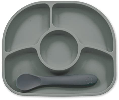 BBLUV Ensemble Yumi Gris Cuillère et Assiette en Silicone Anti-Renversement pour Tout-Petit - Technologie Innovante de Ventouse pour Repas Autonomes et Propres