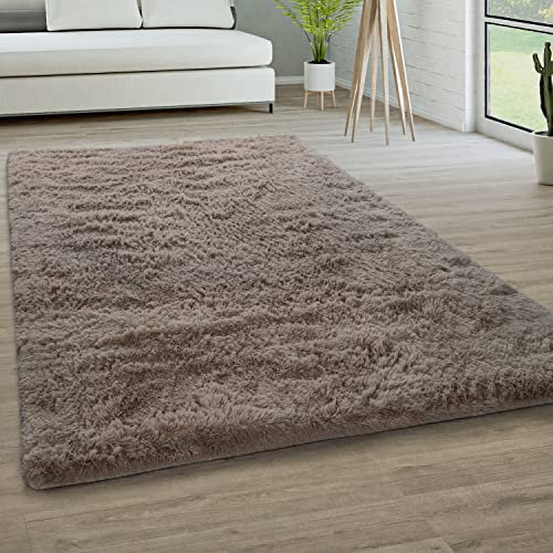 Paco Home Hochflor Teppich Wohnzimmer rutschfest Fellteppich Shaggy Flauschig Weich Modern Kunstfell Fell Imitat Einfarbig, Grösse:60x100 cm, Farbe:Taupe