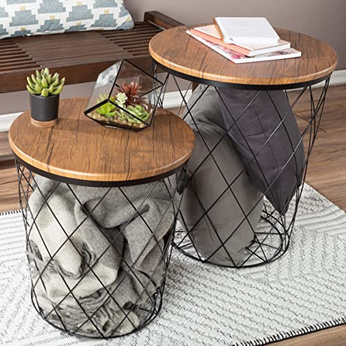 Lavish Home Round End Tables, Brown Woodgrain, Set of 2, 17.75”/15.5”