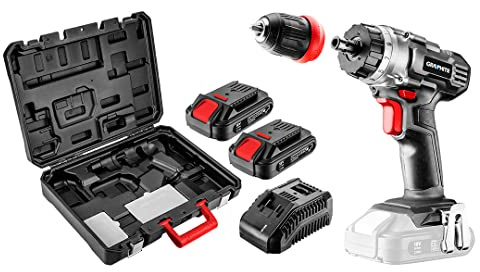 GRAPHITE Perceuse-visseuse sans fil 18 V Li-Ion, avec deux batteries de 2,0 Ah et chargeur dans une mallette de transport, compartiments de rangement supplémentaires pour accessoires, mandrin amovible