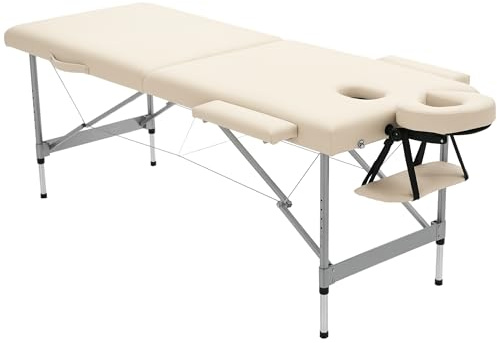 HOMCOM Camilla de Masaje Plegable Mesa de Masaje Portátil con Altura Ajustable en 7 Posiciones Reposacabezas y Marco de Aleación de Aluminio para Fisioterapia Carga 130 kg 186x71x62-83 cm Beige