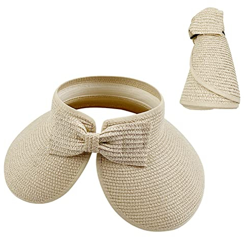 HIXNUG Solskärm hatt sommar brett brätte rullbar vikbar hatt halmfläta visir keps hink med rosett för kvinnor, BEIgE, en storlek