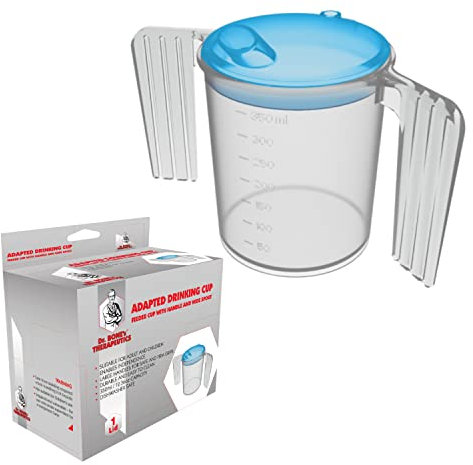 Two Handled 350ML Plastic Feeding Cup with Spout Adult Feeder Beaker Disability Drinking, Adult Drinking for Disabled Adults Cup Feeder Cup with Handle with Wide Spout Dishwasher Safe - Blue Lid