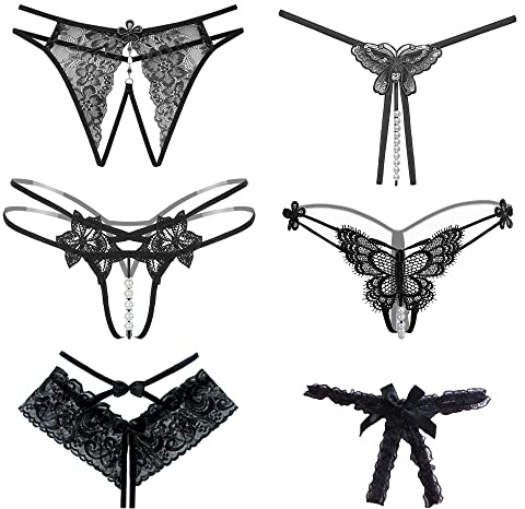 6 Packs String Ouvert Damen mit Perlen Blumen Muster Loch Set Frauen Frau, Schwarz Slip Unterhosen Spitze Sexy Tanga Strings Unterwäsche Mit Offenem Schritt Tangas V-G-String Reizwäsche Thongs Höschen