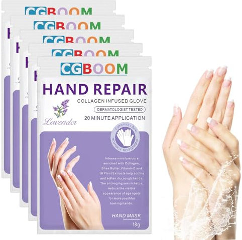 5 Pairs Hands Moisturizing Gloves, Hand Skin Repair Renew Mask w/Infused Collagen, Moisture Enhancing Gloves for Dry, Aging, Cracked Hands (Lavender)