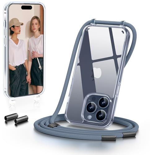 GOODVISH Handykette für iPhone 15 Pro Hülle mit Band | Kameraschutz und Bildschirmschutz | | Necklace Handyhülle mit Schnur Schutzhülle für zum Umhängen | Transparent Case mit Kordel, Blau | Kameraschutz und Bildschirmschutz, Transparent Necklace Handyhülle Schutzhülle für Umhängen Case mit Kordel 6.1