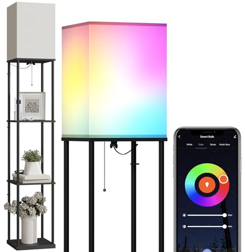 SUNMORY Floor Lamp with Shelves, Smart APP Control Standing Lamps with RGB Bulb, 4-Tier Dimmable Floor Lamps for Living Room, Tall Lamp for Bedroom, Office, Corner Display Bookshelf Lamp