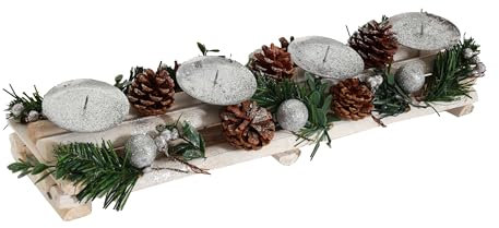Adventsgesteck HWC-M12 mit Kerzenhaltern, Adventskranz Weihnachtsdeko Holz Silber weiß 18x49x13cm - ohne Kerzen