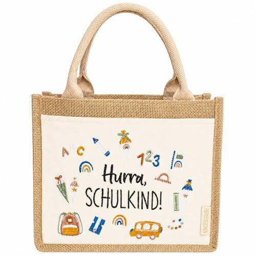 Papierdrachen Jutetasche “Hurra, Schulkind!” - Schulanfang Geschenk - 25x15cm + 13cm Henkel - Bestickt mit Seitentasche - Set 1
