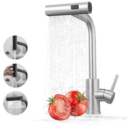 Waterfall Wasserhahn Küche, Hochdruck Küchenarmatur Ausziehbar mit Brause, 360° Drehbar Mischbatterie Spültischarmatur Einhebelmischer mit 3 Strahlarte, Edelstahl