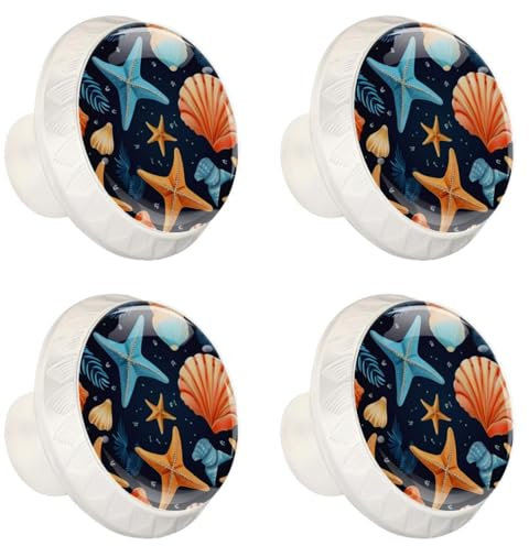 Anna Cowper Schrankknöpfe, Muscheln, Seesterne, Meer, Glasknäufe, runde Schubladenknöpfe, Kommodengriffe, Schrankbeschläge, Küchenschrankknöpfe für Kommoden, Schubladen, 4 Stück