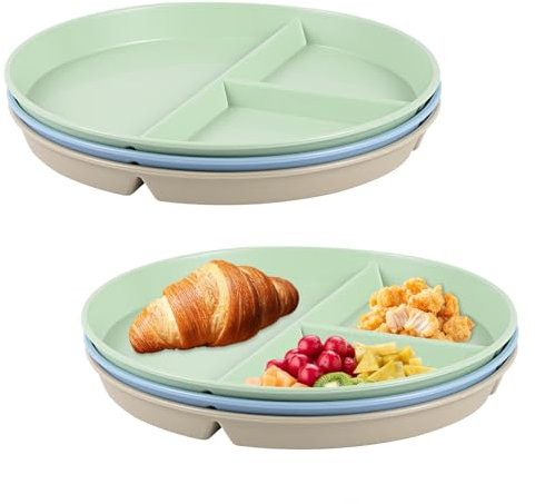 3 platos divididos con subdivisión, juego de platos llanos divididos, 22,5 cm, irrompible, plato de control de porciones, plato de menú, plato reutilizable para adultos y niños