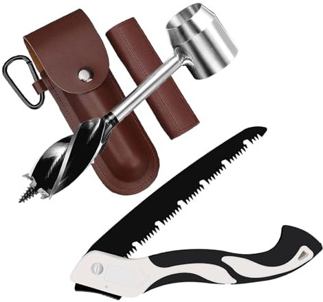 Survival-Werkzeug-Sets für Bushcraft-Siedler mit Klappsäge, manuellem Bohrschlüssel, Scotch-Eye-Schlangenbohrer und Handlochmacher für Camping, Outdoor, Bushcrafting mit Schutzhülle und Haken (A)