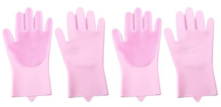 2 Pairs Dishwashing Gloves for Scrubbing Dishes, Washing Dishes Rubber Gloves Long Bristle Brush Design Kitchen Gloves Easy to Foam(Pink)
