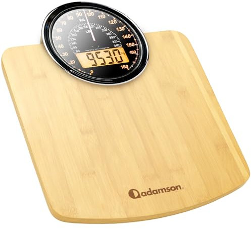 Adamson Hybrid + 2-in-1 Digitale & Analoge Körperwaage bis 180 kg + Dickes Hartglas + Extra Große Anzeige + Einfach Ablesbare Digitale Personenwaage+ NEU + Holz