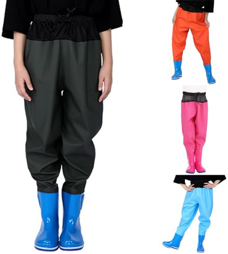 KAREN66 Kinderwathose Wathose für Kinder Junge Mädchen Elastische Taille Anglerhose mit Stiefeln wasserdichte Atmungsaktive Crosswater Waders Nylon & PVC Fischerhose (Armeegrün, 3 Jahre)