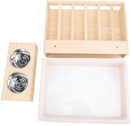 Hztyyier Kaninchen-Heu-Futterstation, Schmutzabweisende Hasentoilette aus Holz mit 2 Edelstahlnäpfen, Einfache Installation für Hamster, Chinchillas, Kleintiere