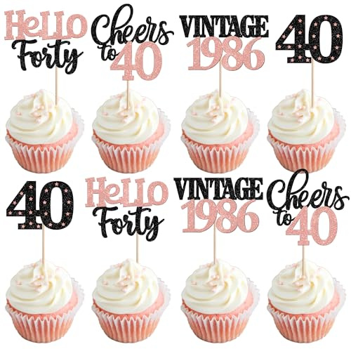 Xsstarmi 24 Pack 40th Birthday Cupcake Toppers Glitter 40 Hello Forty Vintage 1986 Cupcake Picks Cheers to 40 Cake Decorations for 40 Fabulous Happy 40th Birrthday Party Supplies Rose Gold