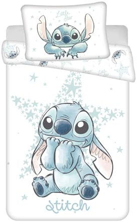 Jerry Fabrics Lilo & Stitch Junior Size Bedding Set | Cot Size Duvet Cover 100 x 135 cm with Pillowcase 40 x 60 cm | 'White Star' Design | 100% Cotton | Stitch Reversible Bedlinen for Baby