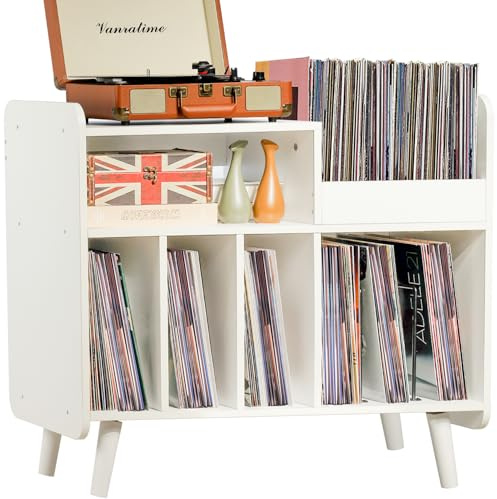 UODERS Plattenspielertisch, Plattenspielerständer aus der Mitte des Jahrhunderts mit Vinylaufbewahrung für bis zu 350+ Alben, Vinyl-Schallplattenschrank mit verstellbaren Regalen, Weiß
