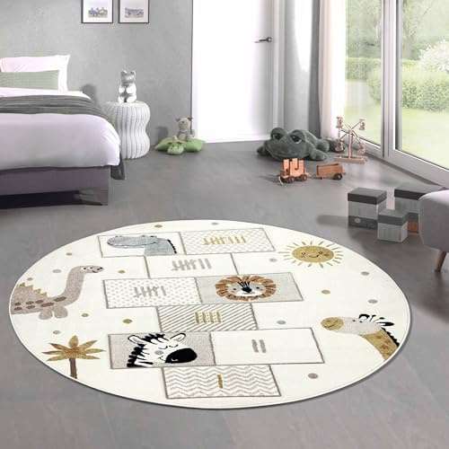 CARPETIA Kinderteppich Kinderzimmer Teppich Schlafzimmer Kurzflor Teppich weich pflegeleicht strapazierfähig Unterlage Tiere Löwe Giraffe Palmen Creme 160 cm Rund