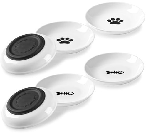 Kitwinney Cat Food Bowls, Whisker Friendly Ceramic Cats Bowls with Nonslip Silicone Base, Pack of 6 Quiet Dishes and Plates for Feeding Indoor Cats, Kittens and Small Dogs(Fishbone+Cat Paw,Shallower)