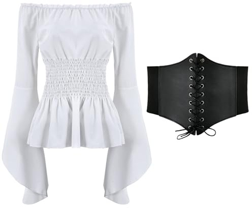 PINTUTU Abbigliamento Medievale da Donna Renaissance Tops, Carmen Bluse Pirata Camicetta da Donna A Maniche Lunghe Donna Abito Halloween Donna Cosplaycostume da Donna Uomo per Halloween