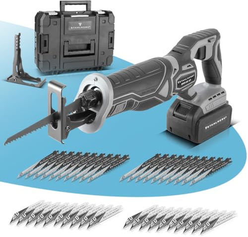 STAHLWERK Scie sabre sans fil Brushless – Scie universelle 20 V, longueur de course 28 mm, batterie lithium-ion 4 Ah, 40 lames de rechange (20 x bois, 20 x métal), prise de serrage rapide, vitesse de