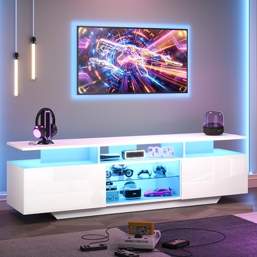 Meuble TV LED, Meuble Télé avec 2 armoires, Meuble TV Blanc et Bois, Peut accueillir Un téléviseur de 70 Pouces, avec 8 étagères, Moderne, 160 * 40 * 45cm