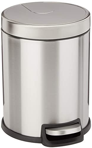 Amazon Basics Petite poubelle ronde cylindrique à fermeture en douceur avec pédale pour salle de bain et petit espace, 5 l, acier inoxydable brossé