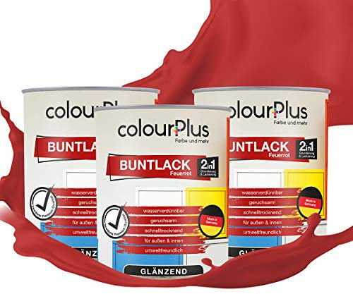 colourPlus 2in1 Buntlack Glänzend (2,25L Feuerrot/Rot RAL 3000) – Wetterfeste Holzfarbe Holzlack & Küchenmöbellack. Getrocknet auch für Kinderspielzeug. Für Innen & Außen