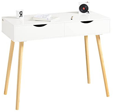 SoBuy Schreibtisch mit 2 Schubladen Kleiner Computertisch Kinderschreibtisch und Bürotisch mit Stauraum Möbel für Arbeitszimmer Weiß/Natur 90×77×45 cm FWT40-WN