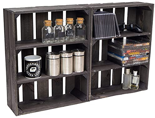 Kistenkolli Altes Land flache Holzkiste Wilma schwarz 50x40x16cm/ Regalkiste Gewürzregal Apfelkiste/Weinkisten Ablageregal Aufbewahrungskiste Holzregal Wandregal Sideboard (2er Set)