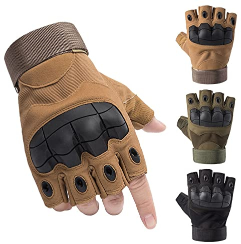 Swygoo Gants Tactiques Demi-Doigts, Gants sans Doigts Paintball Airsoft, Gants Militaires pour Moto Chasse Cyclisme Tir Randonnée Camping Armée Gants D'entraînement Boxe VTT Scooter (L, Brun)