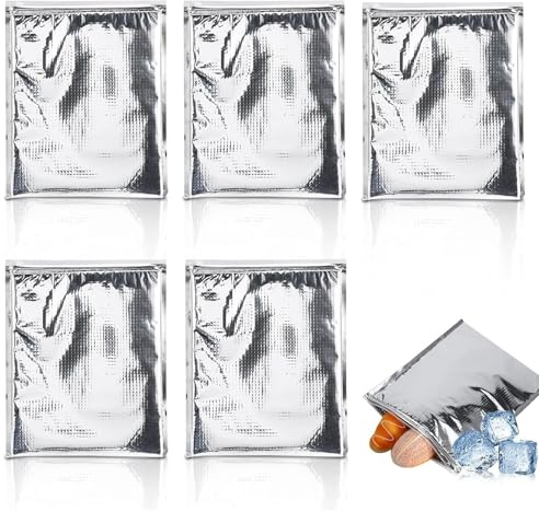 Bolsas Aislantes Reutilizables, 5 Unidades/Juego de Bolsas Aislantes de Papel de Aluminio para Almacenamiento de Alimentos Bolsa Térmica Impermeable para Frutas, Bebidas, Leche(Plata)(30 * 35cm)