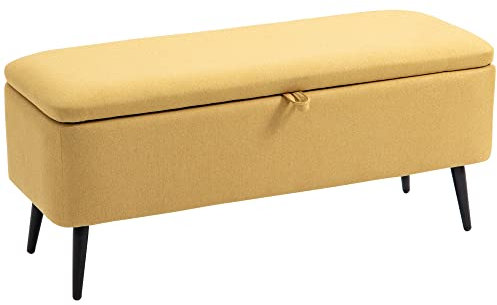 HOMCOM Puff Almacenaje Banco Almacenaje Tapizado en Lino Sintético con Tapa Abatible y Patas de Acero para Dormitorio Salón Entrada Carga 150 kg 101x38,5x44,5 cm Amarillo
