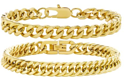VNOX - Pulsera de eslabones cubanos para hombre, resistente, acero inoxidable, borde ancho, conjunto ideal para papá, novio o marido, 19-23 cm, 2 unidades, 19, Acero inoxidable