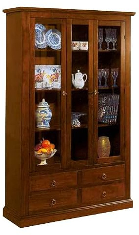 Mar.c.a. Design - Vitrina librería salón de madera de álamo, cristalera 2 puertas 4 cajones, color nogal oscuro, L.120 P.40 H.185 cm.