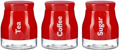 ARA CHOICE Juego de 3 botes de almacenamiento de cocina, color rojo, para té, café, azúcar, tarros de vidrio mate con tapa de rosca, recipientes de alimentos, juego de recipientes de almacenamiento de