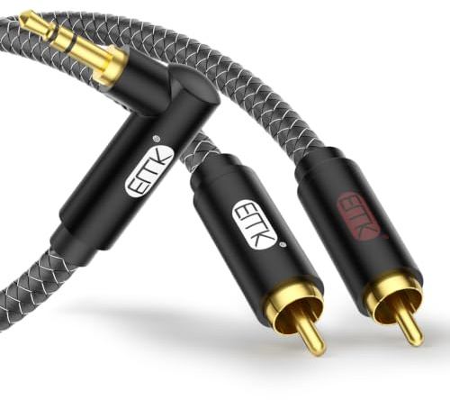 EMK Cinch Kabel Winkelstecker 3,5mm zu 2RCA Jack 3,5mm Splitter Kabel (3 m) | 90 Grad Rechter Winkel RCA (R&L) Nylon Geflochtene AUX Kabel für Smartphone, Lautsprecher, Soundbar, TV
