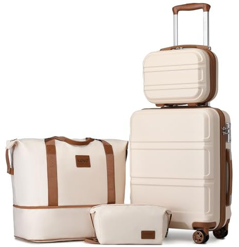 KONO Koffer Set Gepäcksets 4 Teilig Hartschale, Koffer Handgepäck 55cm mit 4 Rollen und TSA-Schloss Der Reisekoffer Set Enthält 1 Kosmetikkoffe und 1 Reisetasche und 1 Kulturbeutel (Weiß/Braun)