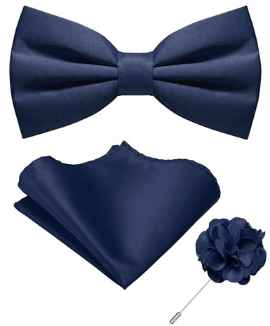 JEMYGINS Navy Blue Pre-tied Bow Tie and Pocket Square with Lapel Pin Set Adjustable Bowtie for Men(18)