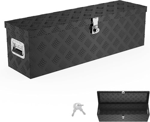 Aufun Truckbox 38L Werkzeugbox Aluminium Werkzeugkästen Mit Verriegelungssystem 2 Schlüssel Transportbox Wasserdichte Metallkiste Für PKW Anhänger (Schwarz, 80x22x22.5cm)