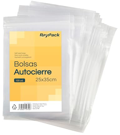 Raypack – Pack de 100 Bolsas Transparentes con Cierre Zip, Bolsas Autocierre de Plástico, Bolsas con Cierre Hermético Reutilizables y Resistentes, Bolsas Zip para Múltiples Usos (25x35)