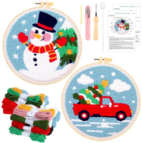 JSRQT 2 Set Kit di Aghi Punzonatura Natalizi, Punch Needle Ricamo Starter Kit per Adulti Principianti, Set per Principianti Punto Croce Fatto a Mano con 2 Telai da Ricamo, per Decorazioni Natalizie
