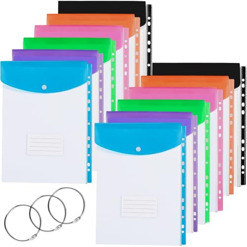 Wanheart Plastic Wallets A4 Punched Pockets,12 Pack Expandable Plastic Envelope File Folder with Button, Label Cards and 3 Binders, for School, Home, Office