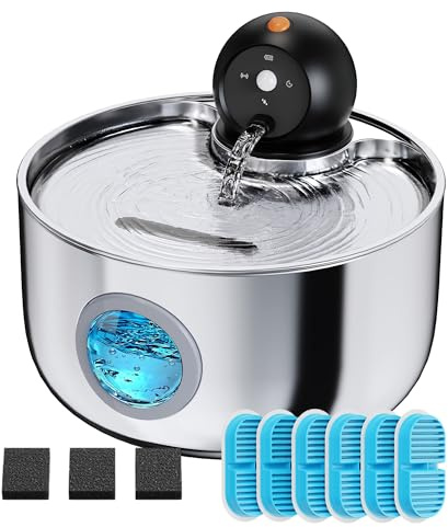 Fuente para Gatos sin Cable: Fuente de Agua para Gatos con Sensor - 2.6L Bebedero Gato Automatico Inalambrica a Pilas - Dispensador Agua para Mascotas Acero Inoxidable - 9 Filtros