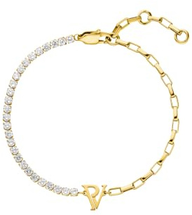 PAUL VALENTINE - Damen Armband Edelstahl - Vergoldet/Golden - mit Zirkonia Stein - PV Logo Anhänger - PV-B0013