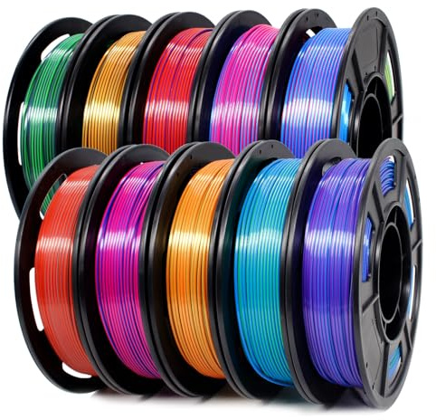 Tecsonar 3D Printer Filament Bundle,1.75MM Silk PLA Filament Multicolor 250g*10 Rolls,Bulk Filament fits for Most FDM 3D Printers.